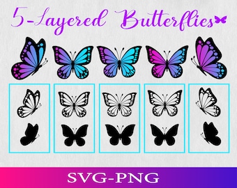 Könnte beinhalten: Fünf schichtige Schmetterlings-SVG- und PNG-Dateien zum digitalen Ausschneiden. Die Schmetterlinge sind in den Farben Lila, Blau und Pink gehalten. Das Bild zeigt die fünf Schichten jedes Schmetterlings, wobei die oberste Schicht die detaillierteste und die unterste Schicht eine durchgehende Silhouette ist.