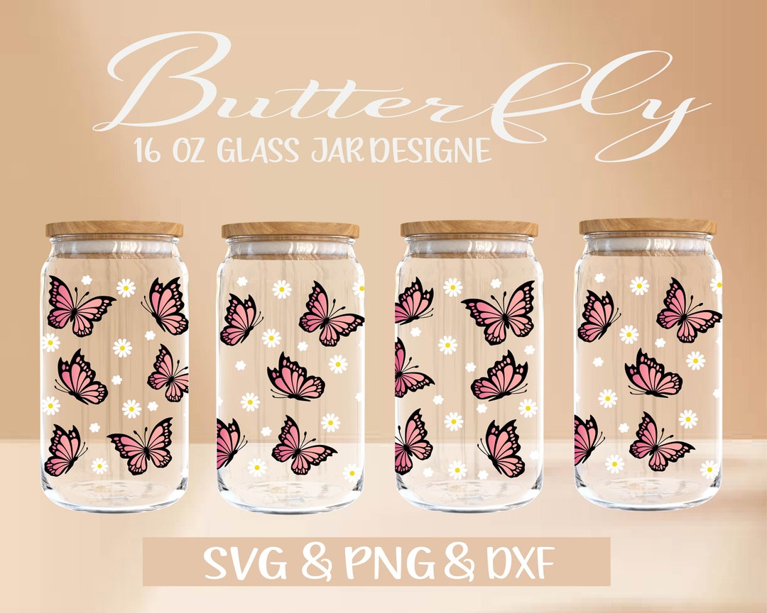 16oz Butterfly Glass Can Svg, Glass Can Full Wrap Svg, Butterflies Svg ...