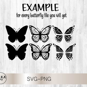 May include: Six black butterfly silhouettes on a white woodgrain background. The text "EXAMPLE for every butterfly file you will get" is above the butterflies. The text "SVG-PNG" is below the butterflies.
