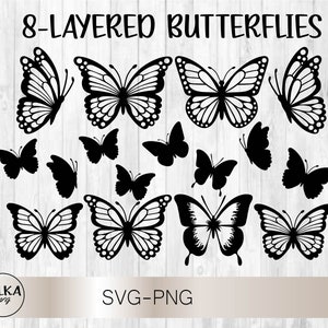 May include: Eight layered black butterfly SVG and PNG cut files. The butterflies are in various sizes and positions. The text "8-LAYERED BUTTERFLIES" is at the top of the image. The text "SVG-PNG" is at the bottom of the image.
