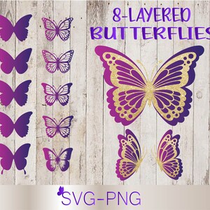 Puede incluir: Ocho archivos de corte digital de mariposas en SVG y PNG, en morado y dorado, en capas. Las mariposas est&aacute;n superpuestas para crear un efecto 3D. El texto "8-Layered Butterflies" est&aacute; en la parte superior de la imagen. El texto "SVG-PNG" est&aacute; en la parte inferior de la imagen.