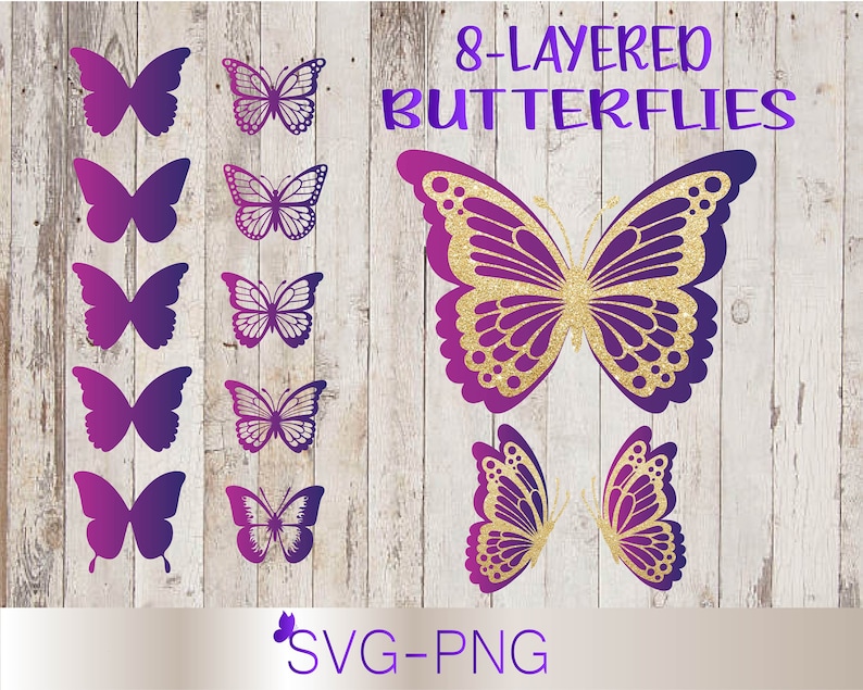Puede incluir: Ocho archivos de corte digital de mariposas en SVG y PNG, en morado y dorado, en capas. Las mariposas est&aacute;n superpuestas para crear un efecto 3D. El texto "8-Layered Butterflies" est&aacute; en la parte superior de la imagen. El texto "SVG-PNG" est&aacute; en la parte inferior de la imagen.