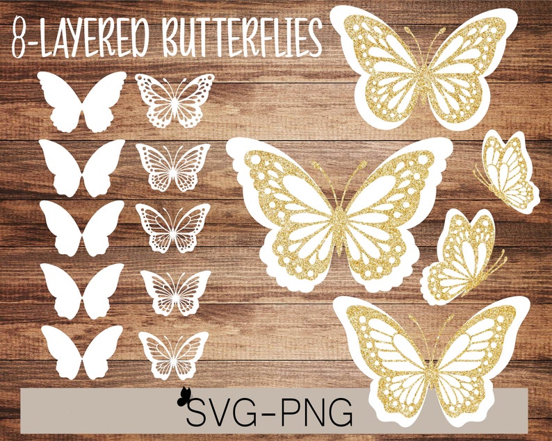 Puede incluir: Ocho archivos de corte de mariposa en capas en blanco sobre un fondo de madera. El texto "8-LAYERED BUTTERFLIES" est&aacute; en la parte superior de la imagen. El texto "SVG-PNG" est&aacute; en la parte inferior de la imagen.