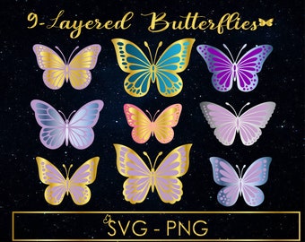 Fjärils-SVG, 3D-fjärils-svg, fjärilsmall, kommersiellt bruk, utskrivbara fjärilar, lager av fjärilspaket Cricut SVG-filer