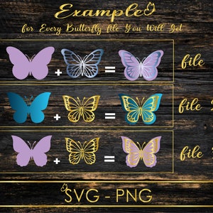 May include: A graphic showing three different butterfly designs. Each design is shown in three variations: a purple butterfly, a blue butterfly, and a gold butterfly. The text "file 1", "file 2", and "file 3" is shown next to each set of butterflies. The text "SVG - PNG" is shown at the bottom of the graphic.