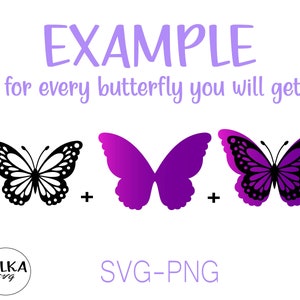 Puede incluir: Ejemplo de descarga digital para un archivo SVG y PNG de mariposa. La imagen muestra tres mariposas: una negra, una morada y una morada con marcas negras. El texto dice "por cada mariposa obtendr&aacute;s".