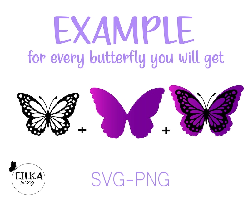 Puede incluir: Ejemplo de descarga digital para un archivo SVG y PNG de mariposa. La imagen muestra tres mariposas: una negra, una morada y una morada con marcas negras. El texto dice "por cada mariposa obtendr&aacute;s".