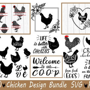 May include: A set of 20 black and white chicken-themed SVG and PNG designs. The designs include various phrases such as "Life is better with chickens", "Welcome to our coop", and "Crazy chicken lady".