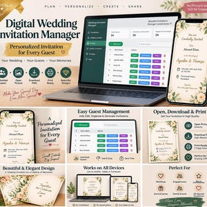 Puede incluir: Una interfaz de software de gestión de invitaciones de boda digital en un portátil y un teléfono inteligente. La pantalla muestra listas de invitados, plantillas con bordes florales y los detalles de la boda de Ayesha y Hamza.