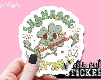 Shamrock Rock N Roll - Funny Laptop & Waterbottle Tumbler 4 Inch Decal - Vinyl Waterproof Sticker