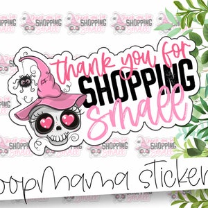Obrigado por comprar pequenos - Crânio rosa Obrigado por empacotar adesivos - Adesivos de marca de 2 polegadas para pequenas lojas - Comprar adesivos pequenos