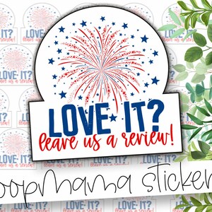 J'adore? Laissez-nous un examen! - Patriotique 4th Of July Gnomes Packaging Stickers - Grand autocollant de marque de 2 pouces pour les petits magasins