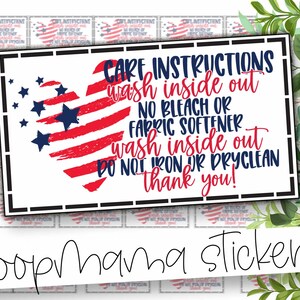 Verzorgingsinstructiekaarten voor T-shirts - Patriotic 4 juli Verpakkingsstickers - Grote 2 inch kleine winkel branding sticker