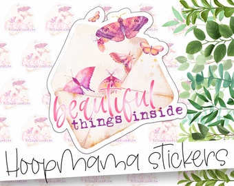 Beautiful Things Inside Sticker - Butterfly Packaging Sticker - Large 2 Inch Sticker For Small Shops - Shop Small Sticker - 24 Sticker Sheet