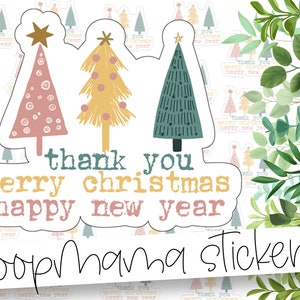 Dank u vrolijk kerstfeest gelukkig nieuwjaar - kerstboom verpakkingsstickers - grote 2 inch branding en verpakkingssticker voor kleine winkels