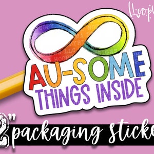 Könnte beinhalten: Ein 5 cm großer Aufkleber mit einem Regenbogen-Unendlichkeitszeichen und dem Text "AU-SOME THINGS INSIDE".