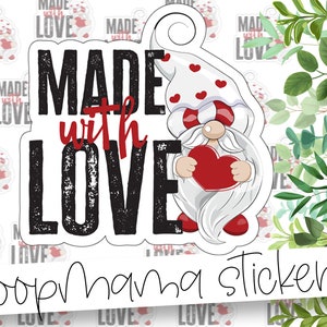 Made With Love - Valentinstag Gnome Verpackungsaufkleber - Große 2 Zoll Branding Sticker für kleine Läden