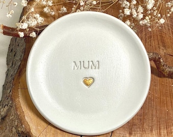 White Clay Mum Trinket Dish: Golden Heart Jewellery Holder