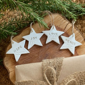 White stars Christmas tree decorations, Hope Joy Love Peace stars, Positive affirmation tags, Christian ornaments