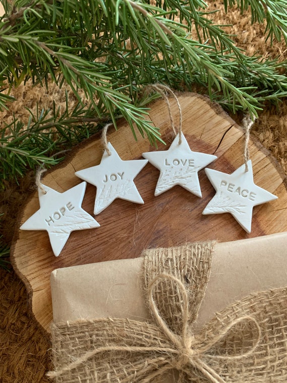 Advent Clay Star Christmas Ornaments: Hope, Joy, Love, Peace, Christian decoration