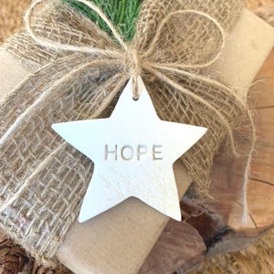 A wrapped gift with a burlap bow and a white star-shaped tag. The tag has the word "HOPE" engraved on it. The gift is decorated with a sprig of green foliage.