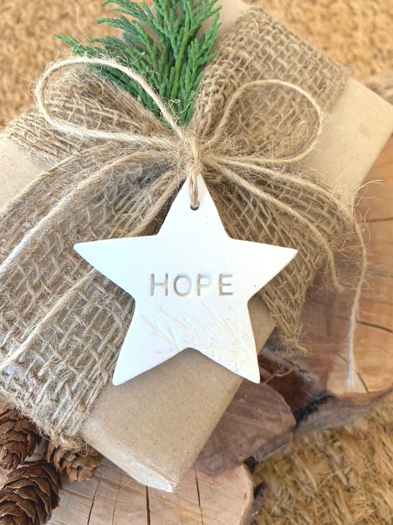 A wrapped gift with a burlap bow and a white star-shaped tag. The tag has the word "HOPE" engraved on it. The gift is decorated with a sprig of green foliage.