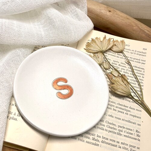 Personalised white clay trinket dish with initial monogram