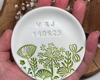 Personalised Wedding Ring Dish: Botanical Clay Trinket, Anniversary or engagement Keepsake