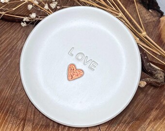 LOVE trinket dish, Handmade clay white and metallic with heart accent ring dish