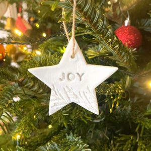 A white star-shaped Christmas ornament with the word "JOY" embossed on it. The ornament has a textured surface and a natural twine hanger. The star is hanging on a green Christmas tree with red baubles and lights.