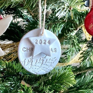 White Christmas 2024 gift tag, Tree clay decoration, Christmas Bauble and star