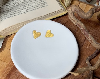 Handcrafted White Clay Trinket Dish: Gold Heart Accents