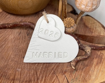 Married 2026 Clay Heart Ornament: Couple Keepsake, White gift tag, Marriage present