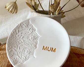 Personalised Trinket Dish for Mum: Handmade Embossed Ring Dish, Mandala Design