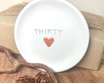 30th Birthday Trinket Dish: Personalised ring holder, Custom age, Heart accent