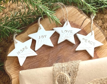 Advent Clay Star Christmas Ornaments: Hope, Joy, Love, Peace, Christian decoration, Wedding decor