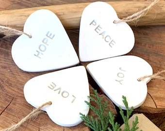 Embossed Clay Heart Ornaments: Christian Keepsake Set of 4, Christmas Love Joy Peace Hope