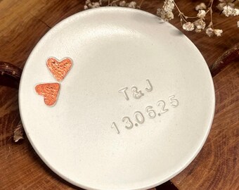 Personalised Wedding Ring Dish: Custom Clay Engagement Gift with two Hearts, Trinket