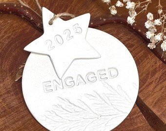 Engaged Christmas ornament, Handmade clay bauble, Engagement gift