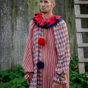 Clown costume Adult Unisex Suite Vintage Red and Blue Harlequin Stripes Circus  Pierrot Jester Halloween Cosplay Jumpsuit