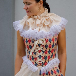Clown Corset Harlequin Blue and Red Circus Outfit Cottagecore Romantic Corset Halloween Vintage Renfaire Cosplay Pierrot Fantasy costume