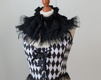 Black harlequin Circus Clown Corset Cottagecore Romantic  Halloween Vintage Renfaire Cosplay Pierrot