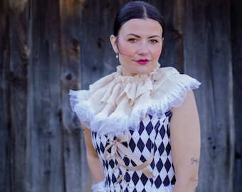 Clown Corset Black Harlequin Circus Outfit Cottagecore Romantic Corset Halloween Vintage Clown Renfaire Cosplay Pierrot Fantasy costume