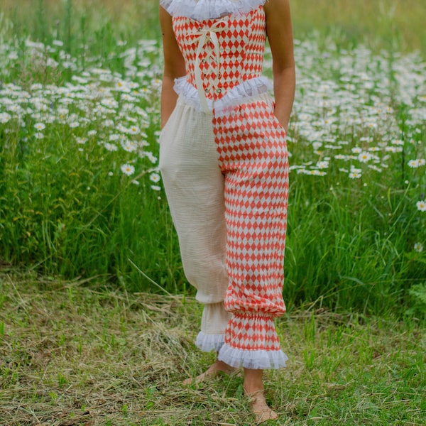 Orange harlequin Clown pants Circus Outfit Cottagecore Romantic Halloween Vintage Renfaire Cosplay Pierrot pants