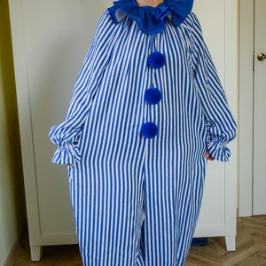 Blå randig clownkostym för vuxna, unisex, vintage, cirkus, halloween, cosplay, jumpsuit