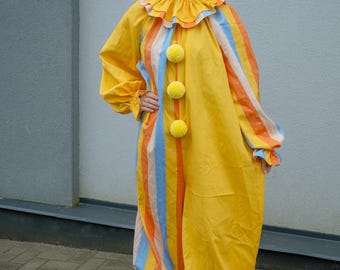 Yellow Striped Clown Costume, Adult Unisex Circus Jumpsuit