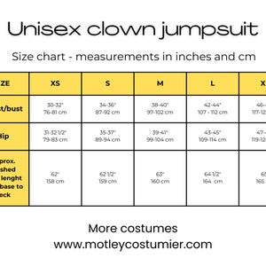 May include: A size chart for a unisex clown jumpsuit, with measurements in inches and centimeters. The chart includes sizes XS to XL, detailing chest/bust, hip, and back length measurements. Website address: www.motleycostumier.com.