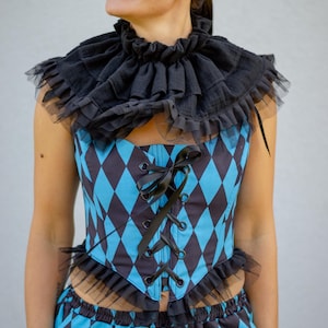 Clown korset koningsblauw harlekijn circus outfit Cottagecore romantisch korset halloween vintage clown renfaire cosplay pierrot fantasy kostuum