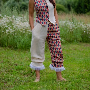 Clown broek vintage rode en blauwe harlekijn circus outfit cottagecore romantische halloween clown renfaire cosplay pierrot broek fantasie kostuum