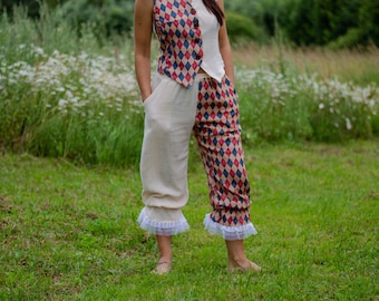 Clown pants Vintage Red and Blue Harlequin Circus Outfit Cottagecore Romantic Halloween Clown Renfaire Cosplay Pierrot pants Fantasy costume